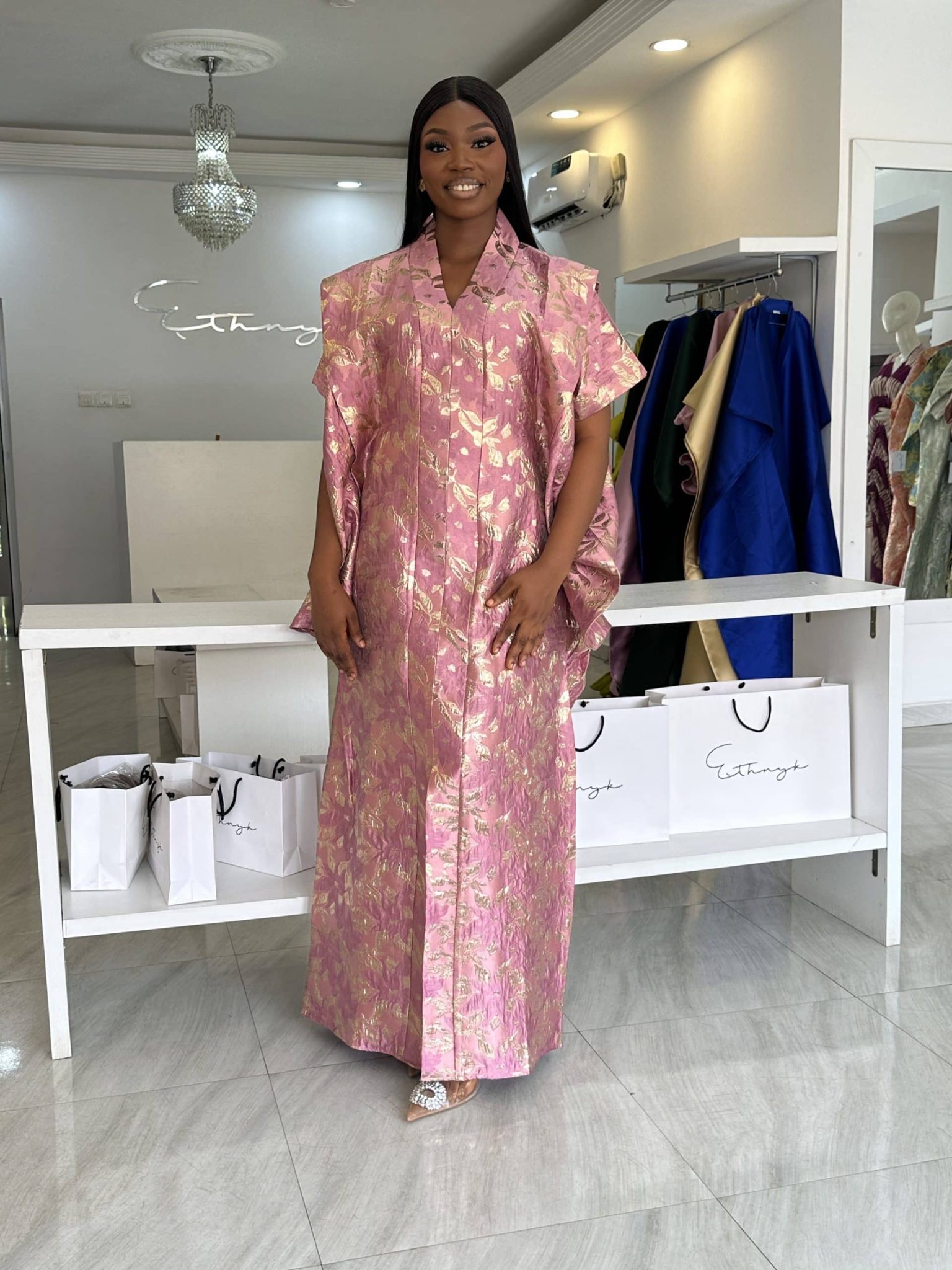 Naomi Damask Kaftan- Pink/Gold