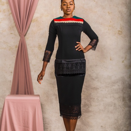 BLACK CREPE, ASO-OKE & CORD LACE DRESS