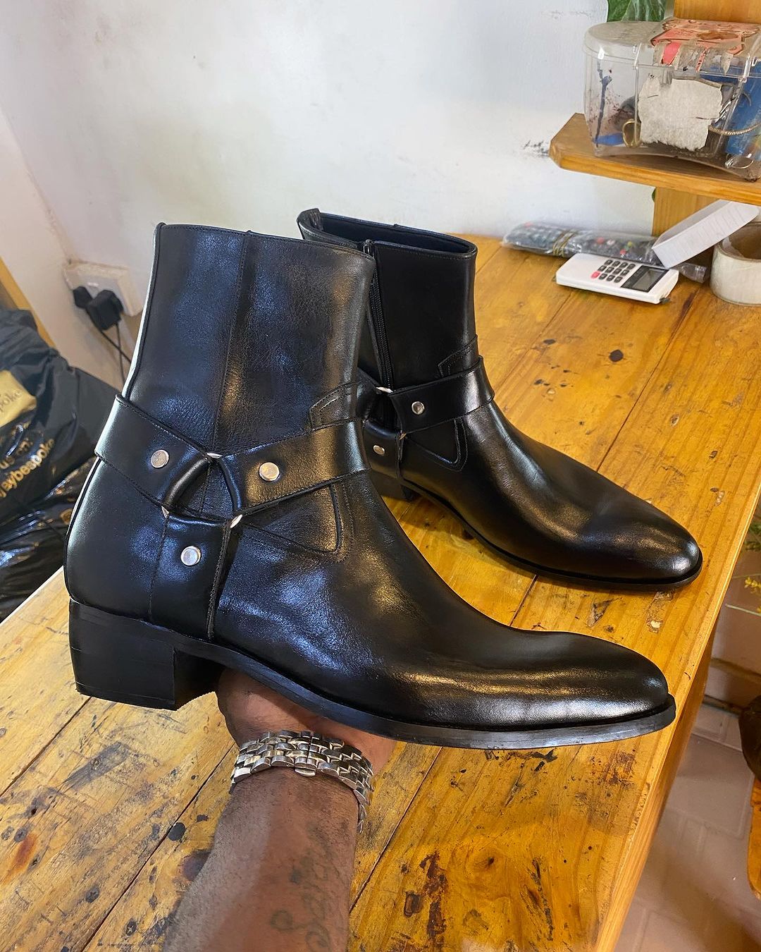 Black leather goat skin Cowboy boot